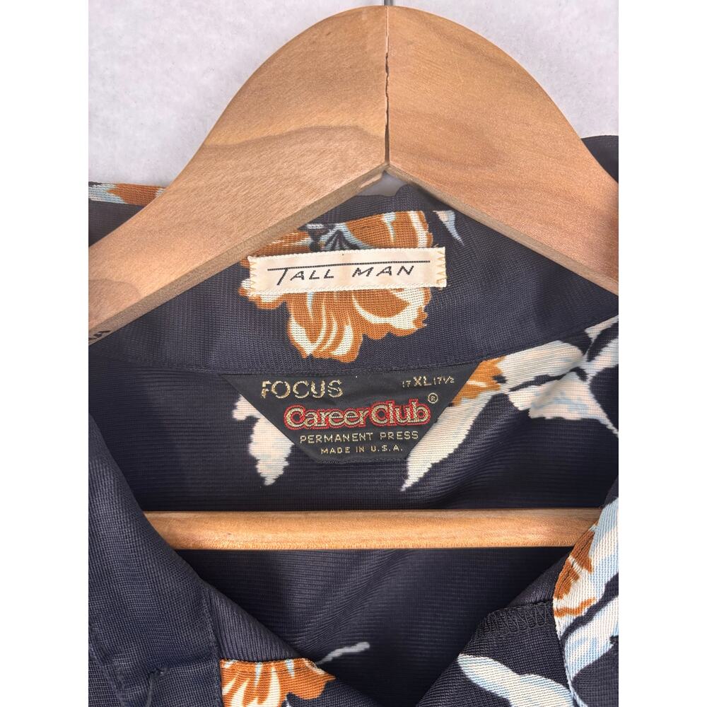 Vintage Focus Career Club Tall Man Floral Button Shirt XL 17.5 Black Orange USA - Picture 2 of 5